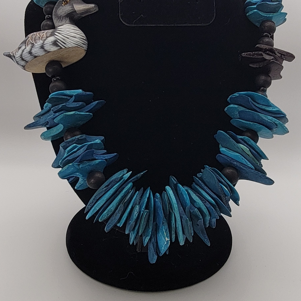 Blue Beaded Necklace with Duck Pendant